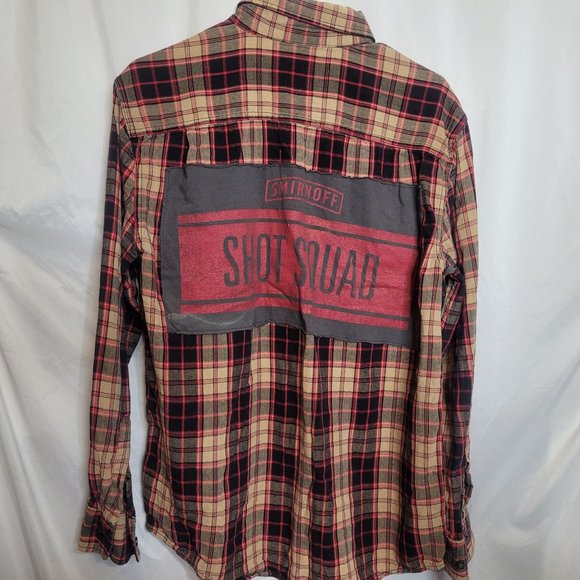 Smirnoff Vodka Upcycle Flannel Shirt Red Tan Plaid Adult Size Medium - Picture 1 of 9